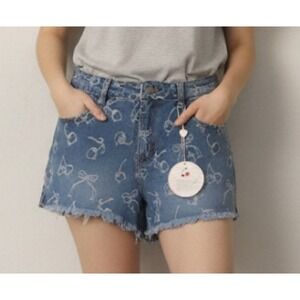 Project Rebel Women's Size 5 Cherry & Bows Print Cut Off Denim Shorts 2" Inseam